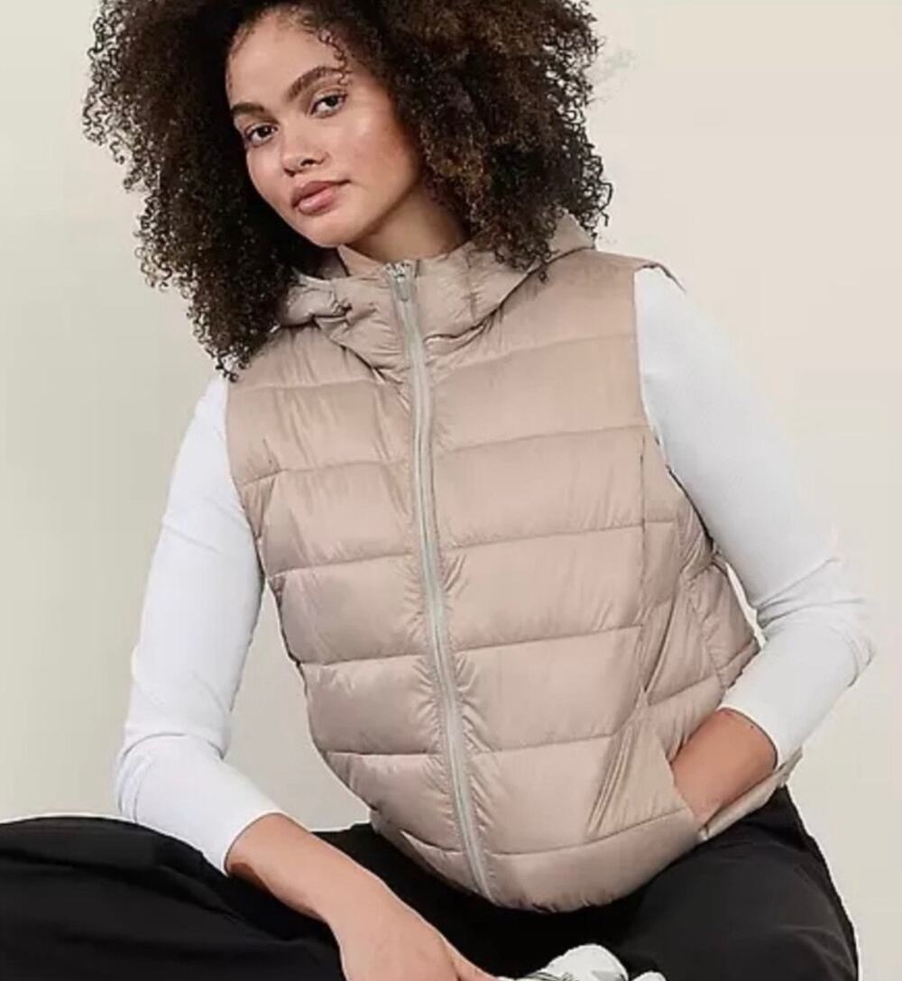 NEW Athleta Aire Puffer Vest S Taupe Hooded Lightweight Quilted Water Resistant